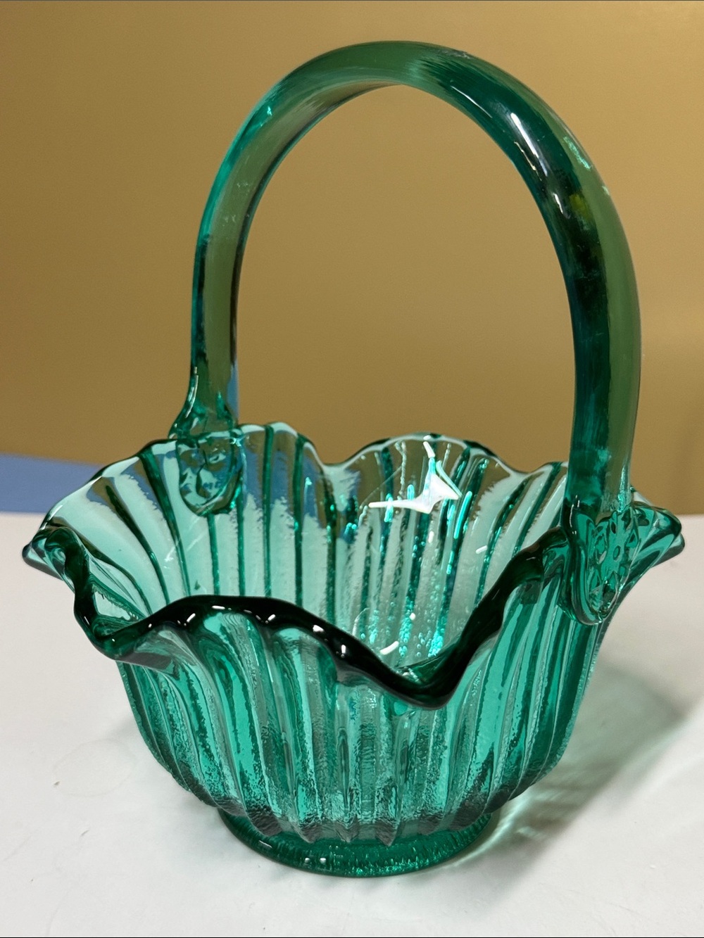 Basket Green Glass rib pattern 8.25” tall
